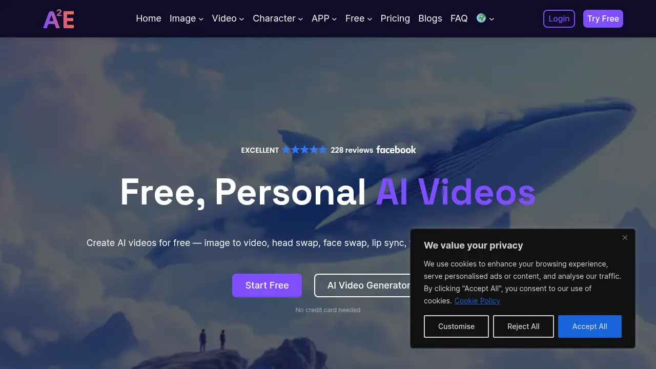 Screenshot of the a2e.ai website