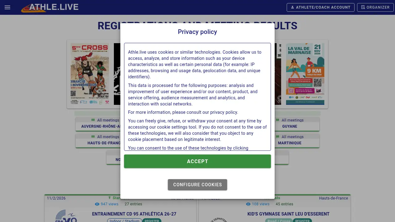 Screenshot of the athle.live website