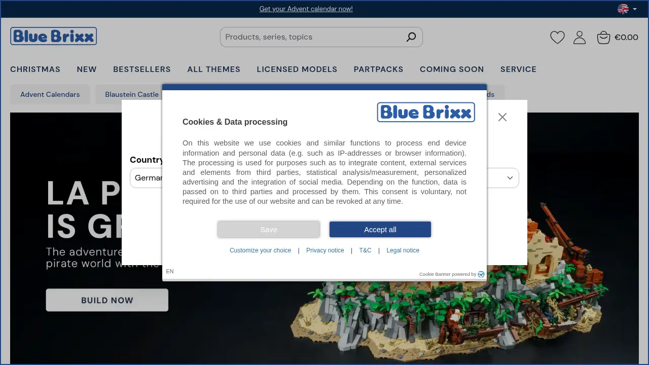 Screenshot of the bluebrixx.com website