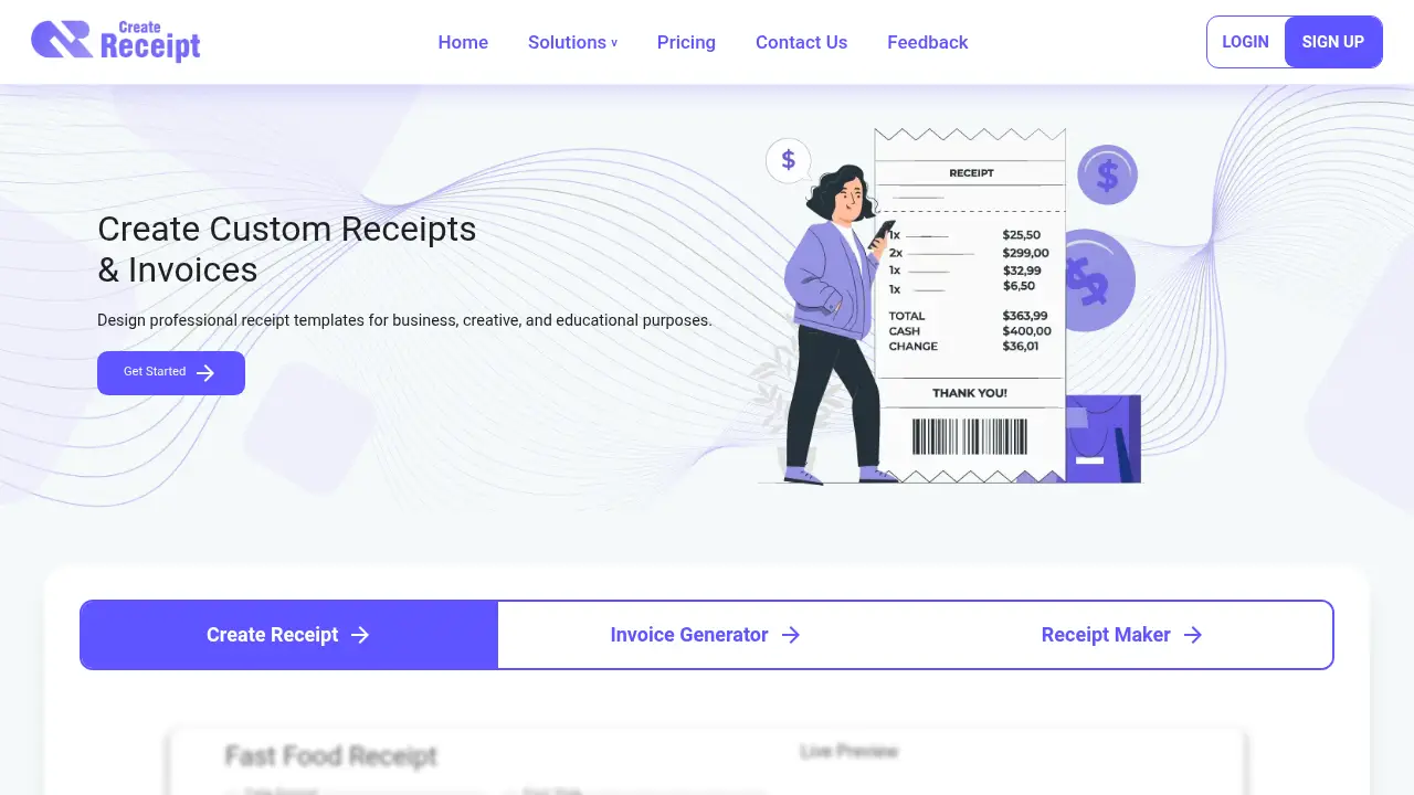 Screenshot of the createreceipt.com website