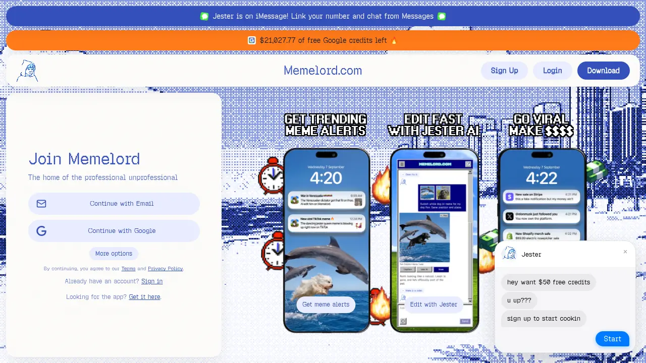 Screenshot of the memelord.com website