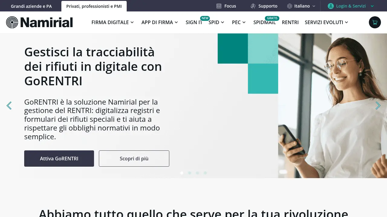 Captura de pantalla del sitio web namirial.it