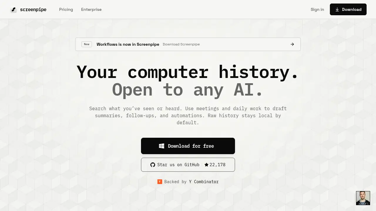 Screenshot of the screenpipe.com website