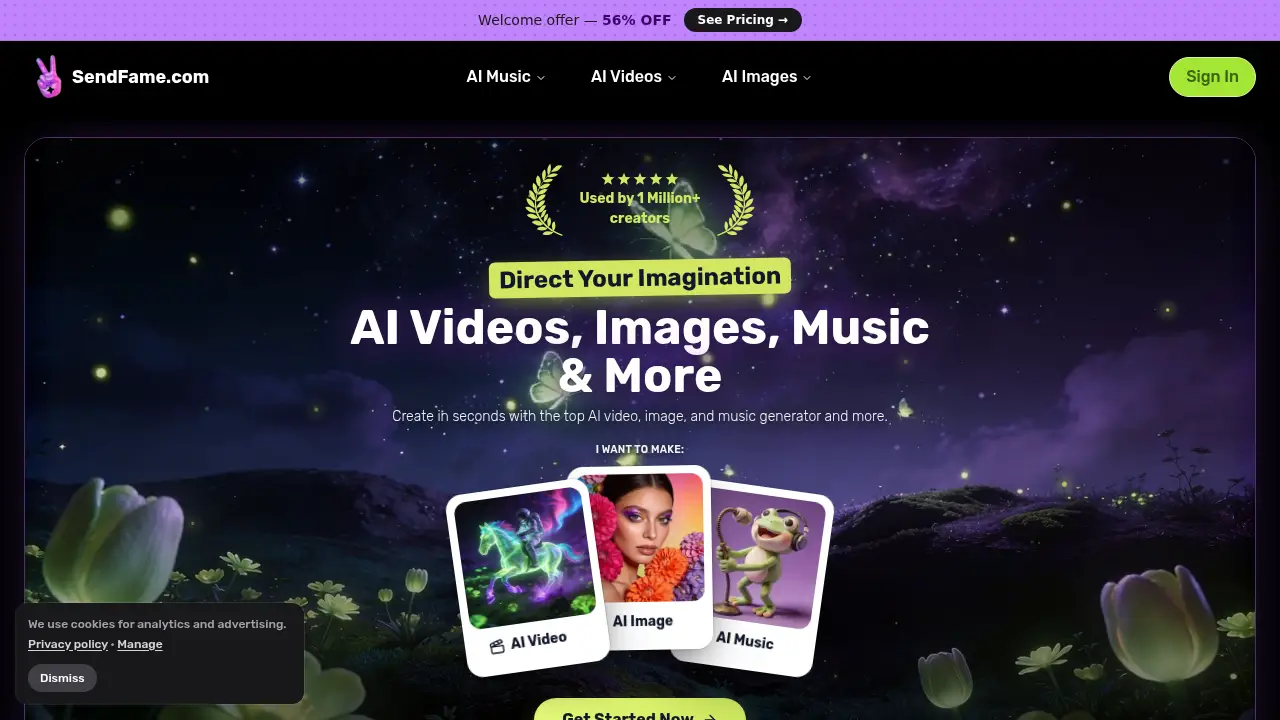 Screenshot of the sendfame.com website