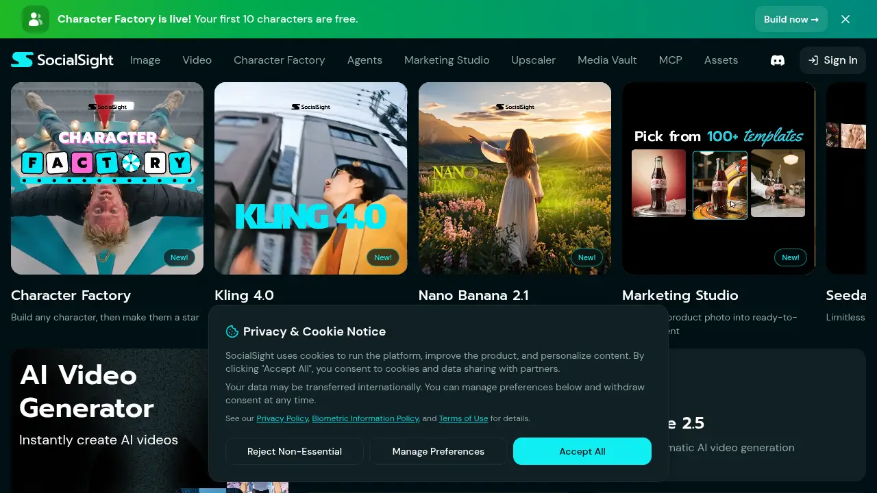 Captura de pantalla del sitio web socialsight.ai