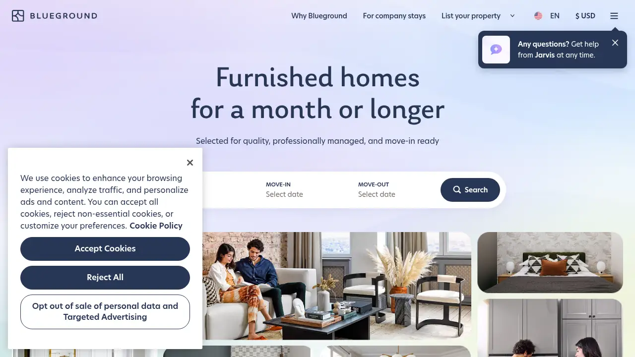 Screenshot of the theblueground.com website