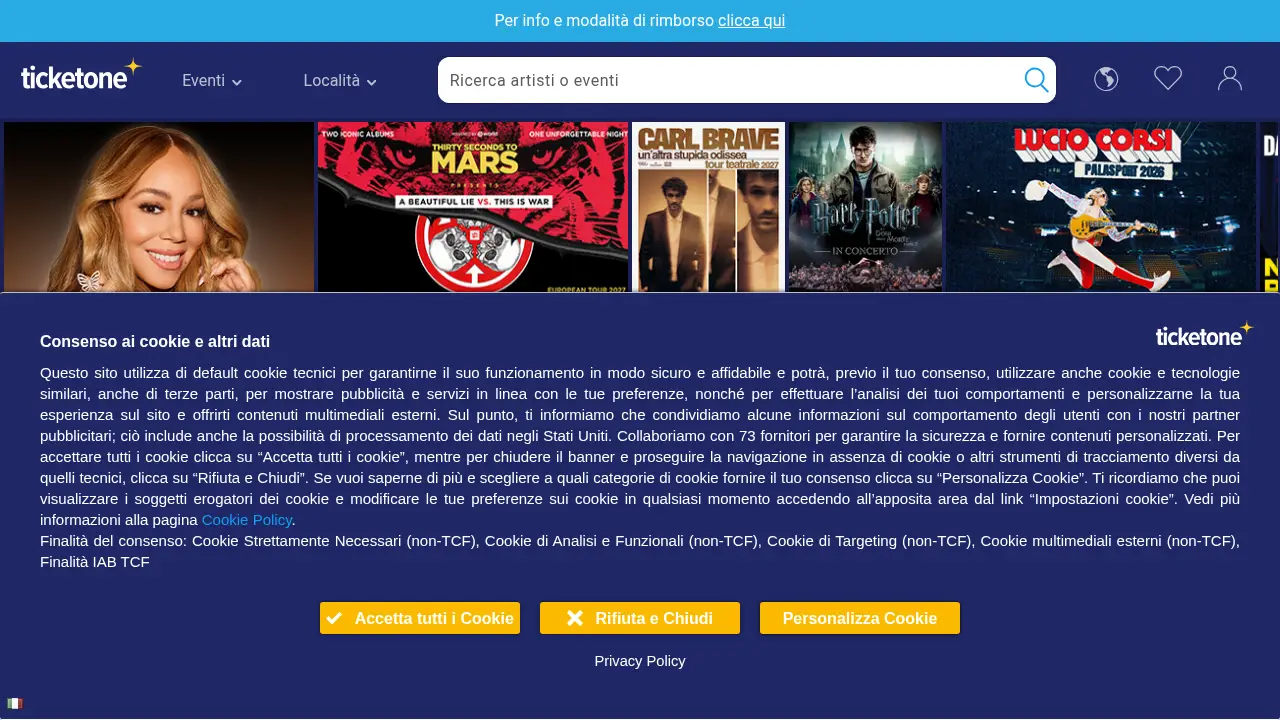 Скриншот сайта ticketone.it