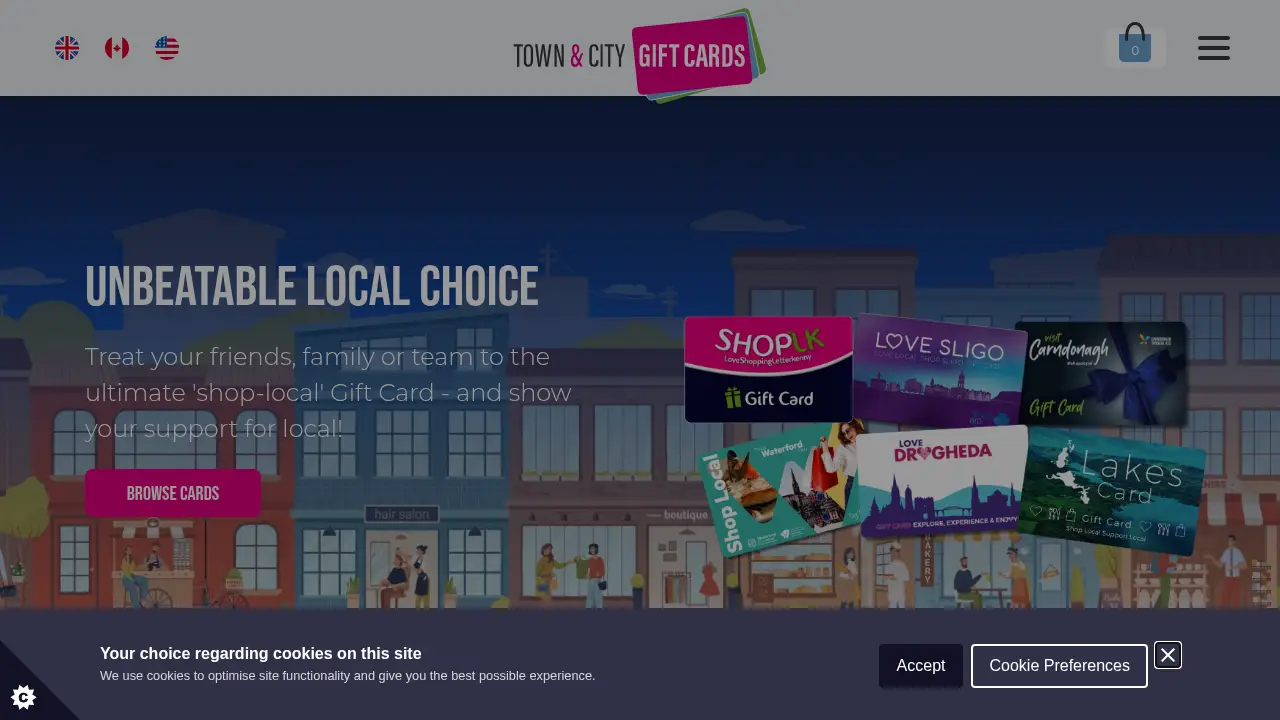 Screenshot of the townandcitygiftcards.ie website
