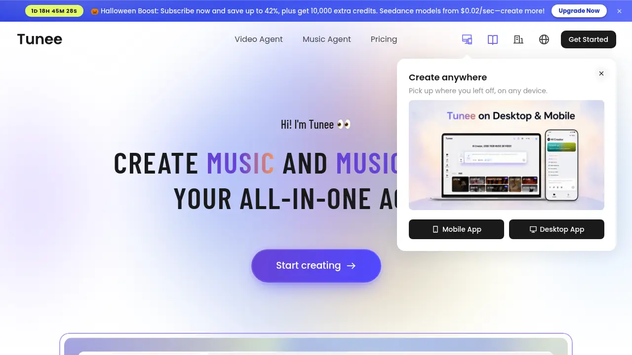 Screenshot of the tunee.ai website